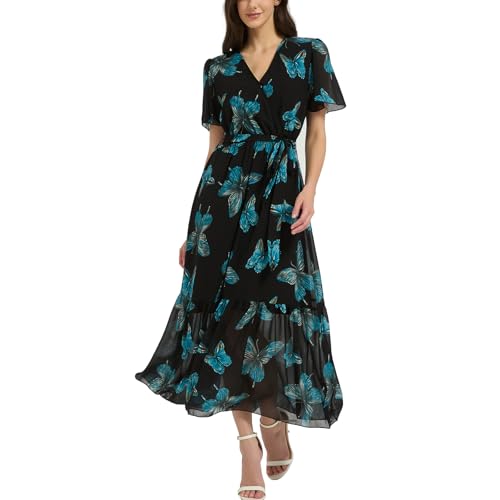 Max Hsuan Women's Summer Bohemian Floral Chiffon Dress Cap Sleeve V Neck Ruffle Long Flowy Boho Casual Vacation Dresses - Image 1