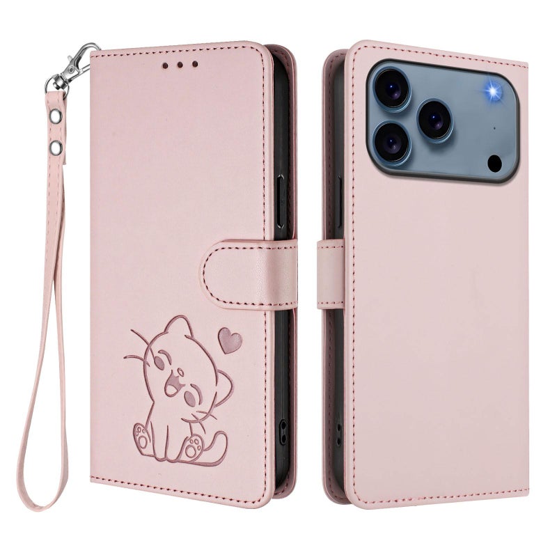 erorex For iPhone 17 Pro Max Embossed  Cat Leather Phone Case with Hand Strap(Pink) - Image 2