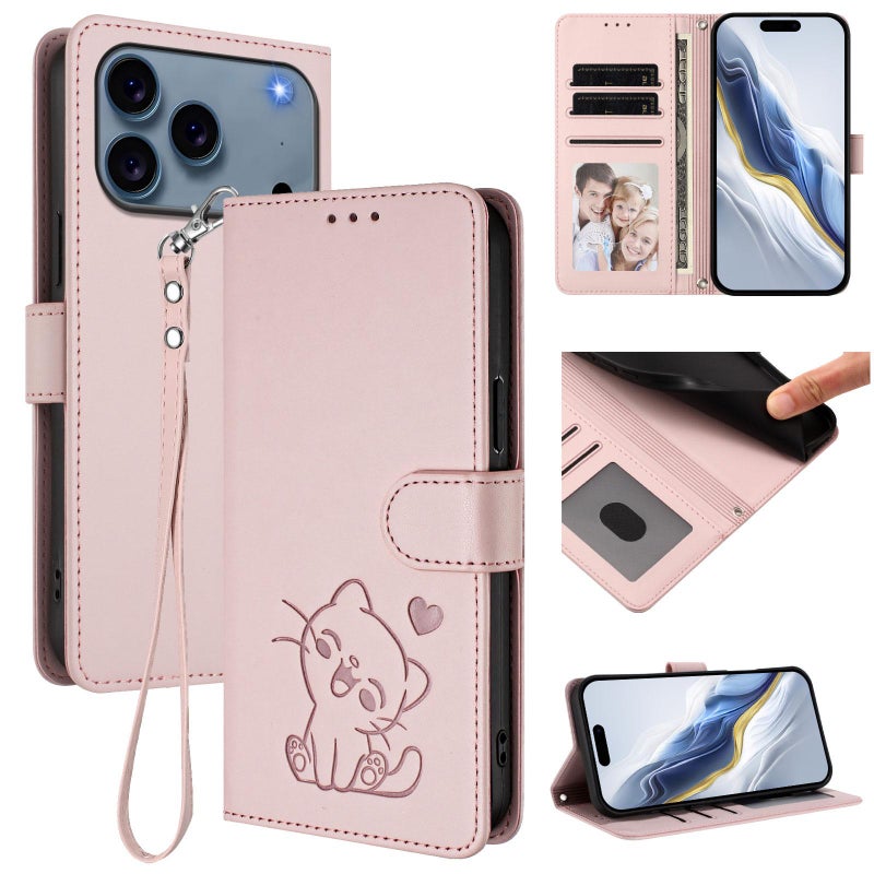 erorex For iPhone 17 Pro Max Embossed  Cat Leather Phone Case with Hand Strap(Pink) - Image 1