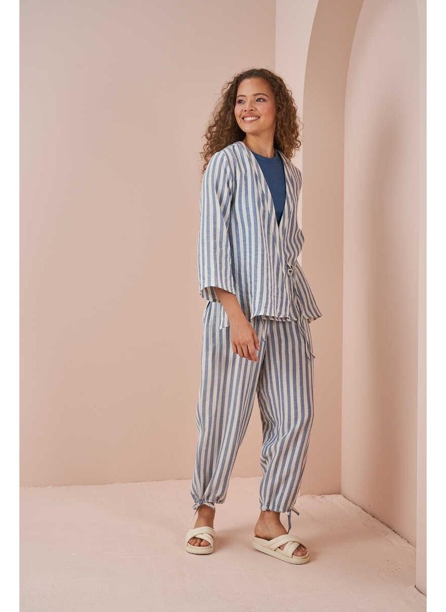 Mevra Double Breasted Kimono Blouse Muslin Pinstripe Blue  - Image 3