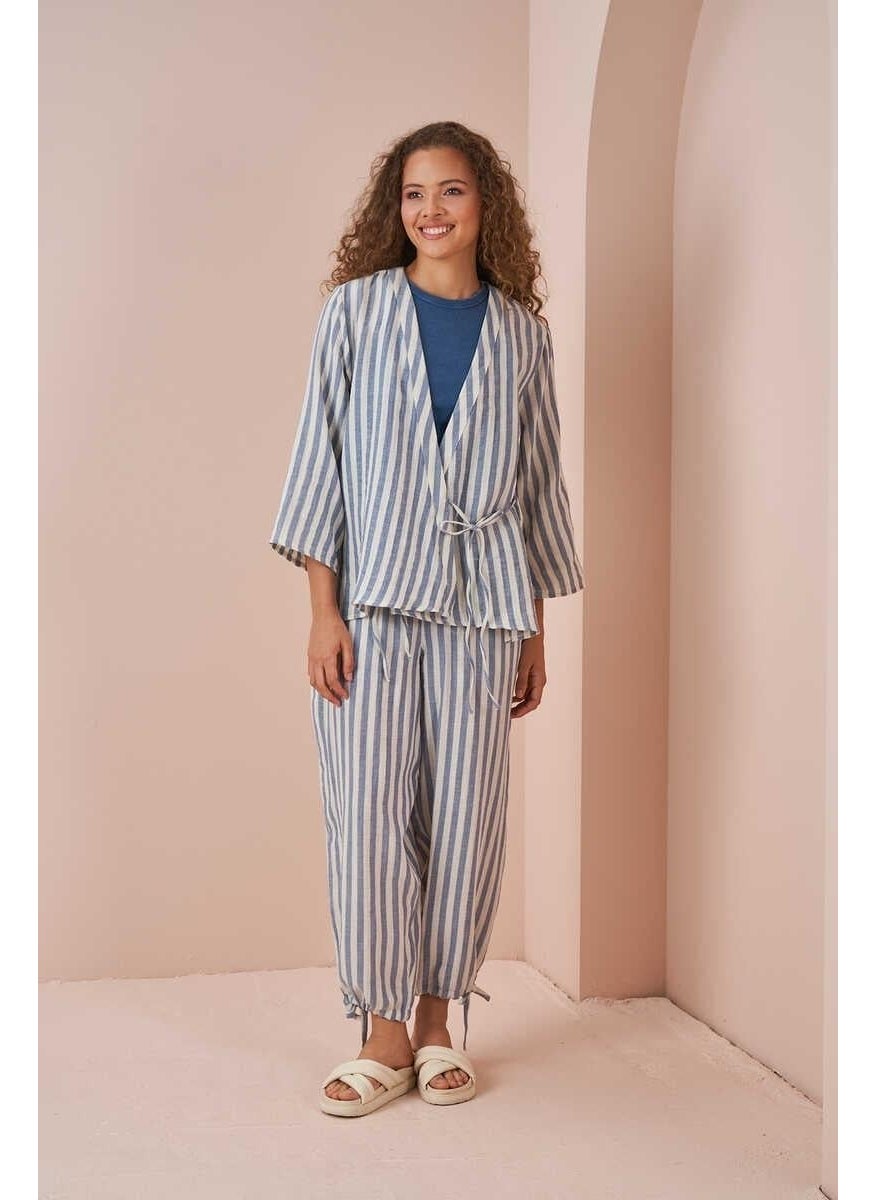 Mevra Double Breasted Kimono Blouse Muslin Pinstripe Blue  - Image 1