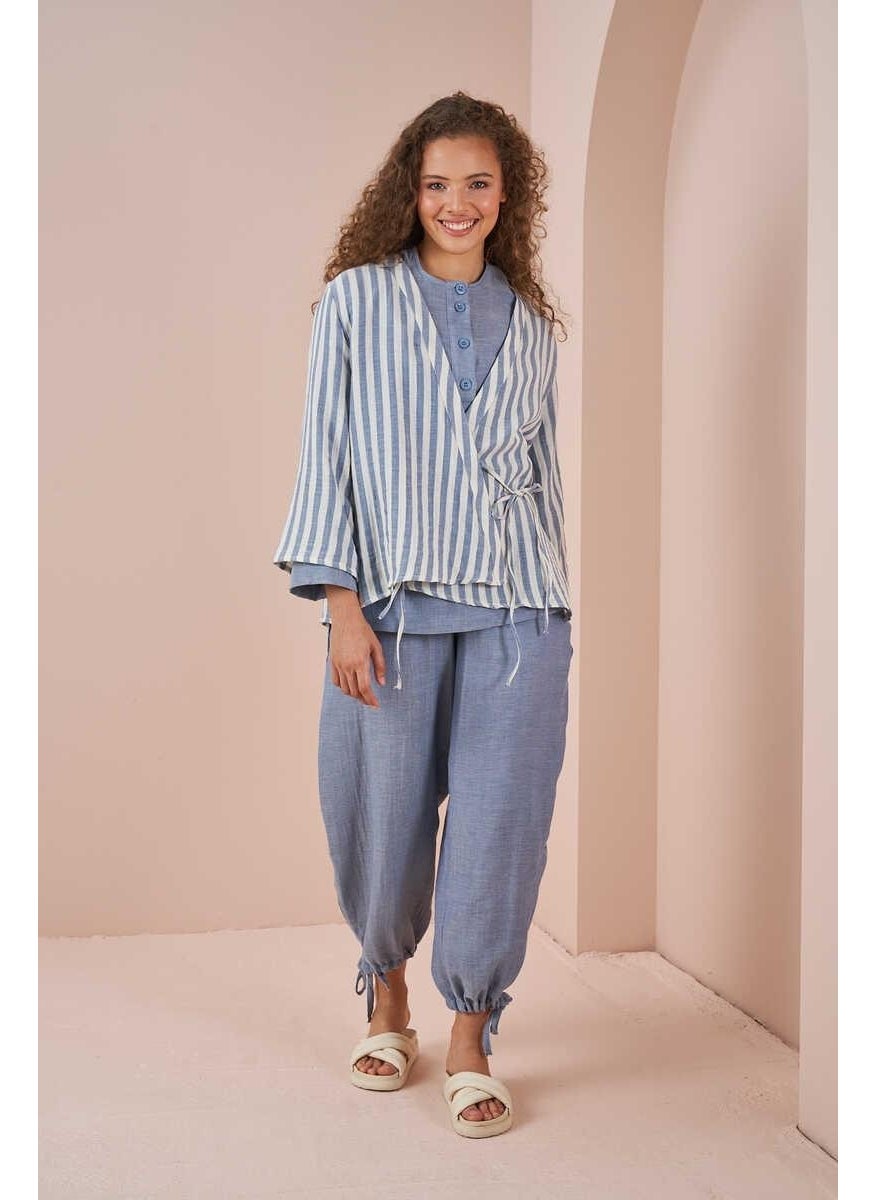 Mevra Double Breasted Kimono Blouse Muslin Pinstripe Blue  - Image 5