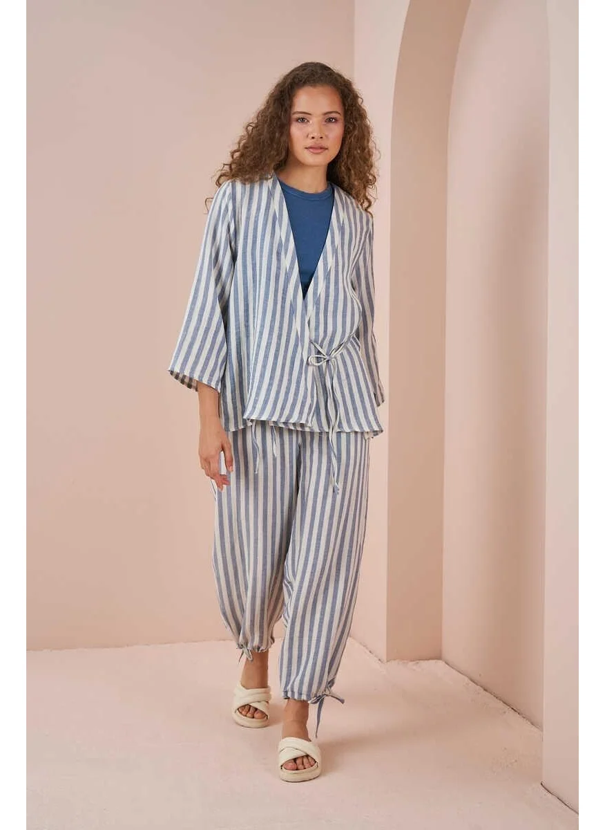 Mevra Double Breasted Kimono Blouse Muslin Pinstripe Blue