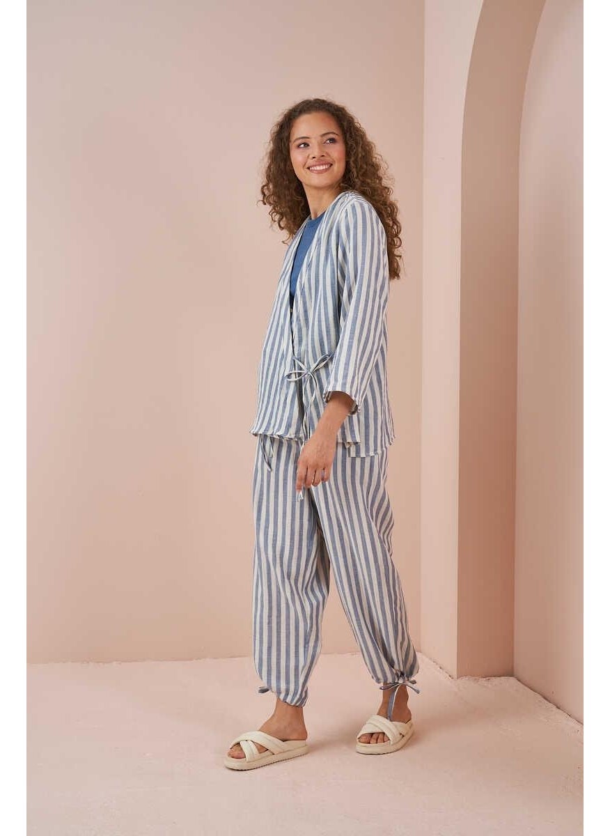 Mevra Double Breasted Kimono Blouse Muslin Pinstripe Blue  - Image 4