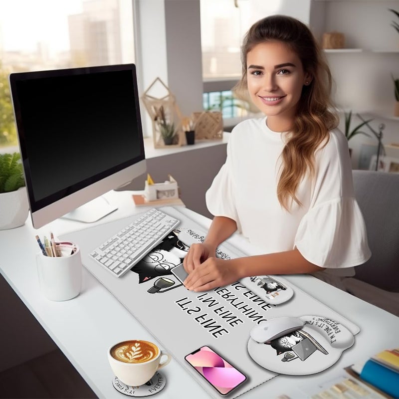 LIMKRIAN Cat Ergonomic Mouse Pad with Wrist Rest Desk Mat Sets Accessories, Cute Mouse Pads for Desk, Gaming Mouse Pad Wrist Support, Keyboard Mat Wrist Rest Cup Coaster Funny Office Desk Accessories - Image 2