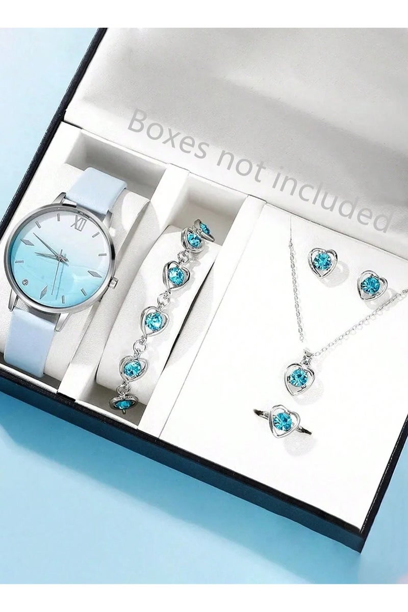 Elegant Women's Accessory Set – 5 Pieces Including a Silver Watch, Bracelet, Necklace, Earrings, and Ring – Adorned with Blue Gemstones and Delicate Heart Designs – Rust-Resistant – Ideal Gift for Loved Ones, Graduation, Birthdays, and All Special Occasions – Box Not Included. - Image 1