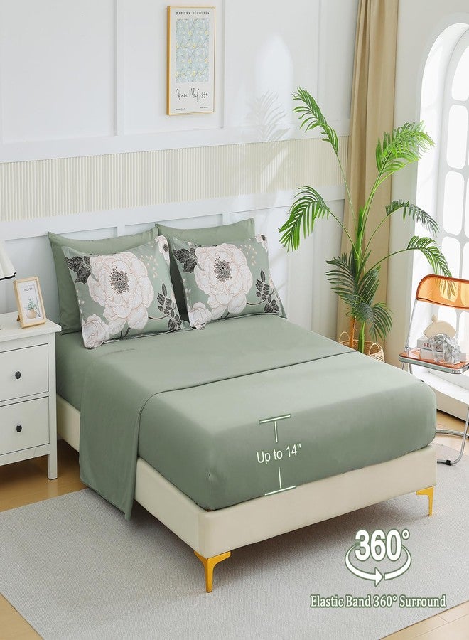 Luxudecor طقم لحاف لكسوديكور الملكي الزهري 7 قطع، حقيبة سرير، طباعة زهور بيضاء على مجموعة سرير خضراء، لحاف ناعم قابل للعكس مع مجموعة ملاءات 90"x90" - Image 4