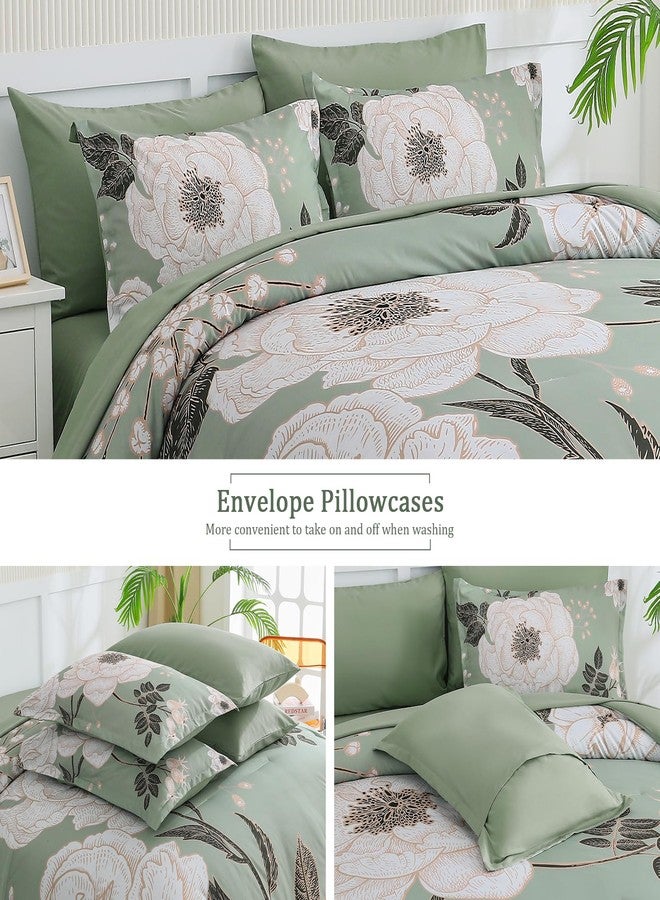 Luxudecor طقم لحاف لكسوديكور الملكي الزهري 7 قطع، حقيبة سرير، طباعة زهور بيضاء على مجموعة سرير خضراء، لحاف ناعم قابل للعكس مع مجموعة ملاءات 90"x90" - Image 5