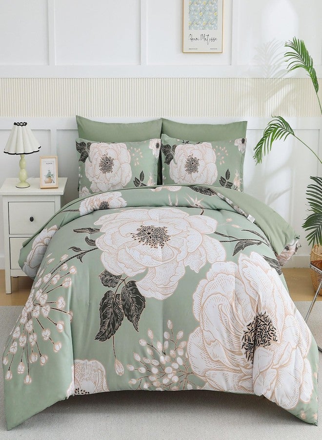 Luxudecor طقم لحاف لكسوديكور الملكي الزهري 7 قطع، حقيبة سرير، طباعة زهور بيضاء على مجموعة سرير خضراء، لحاف ناعم قابل للعكس مع مجموعة ملاءات 90"x90" - Image 1