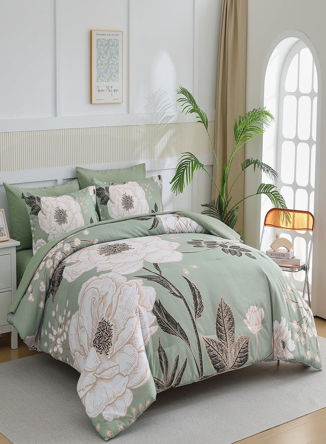 Luxudecor طقم لحاف لكسوديكور الملكي الزهري 7 قطع، حقيبة سرير، طباعة زهور بيضاء على مجموعة سرير خضراء، لحاف ناعم قابل للعكس مع مجموعة ملاءات 90"x90" - Image 2