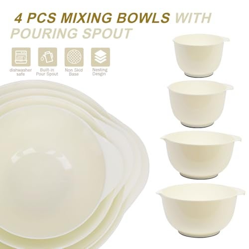 BoxedHome 4 Quart Large Plastic Mixing Bowls, Microwave Safe Mixing Bowl Set with Pour Spout, Nesting Bowls for Space Saving Storage(Beige) - Image 2