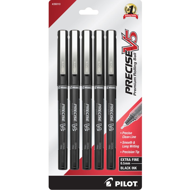 Pilot Precise V5 Rollerball Pens, Extra Fine Point 0.5 mm Black Pens, Black, Pack of 5 - Ideal for School, Journaling & Office Writing - Image 1