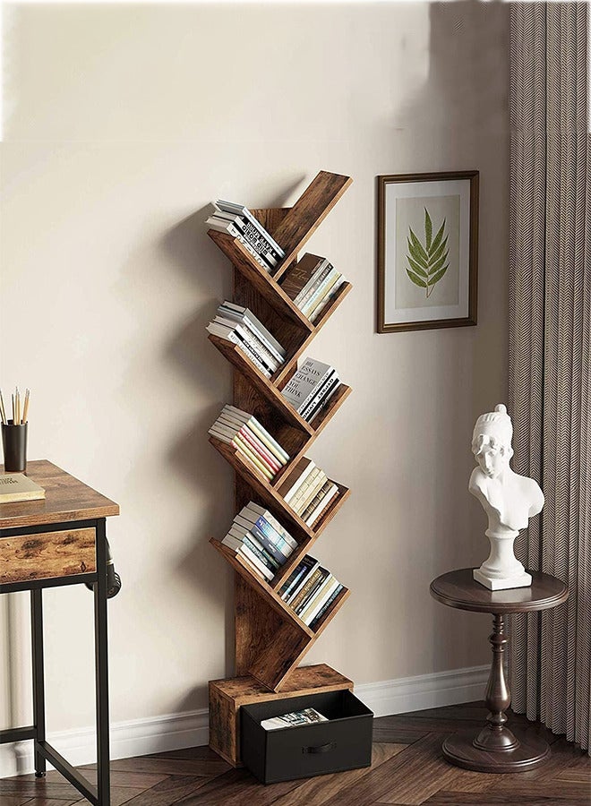 RATSAW 9 Shelf Tree Bookshelf with Drawer Wood Storage Rack for Books Ladder Organizer Shelves for Living Room Bedroom Home Office - Image 2