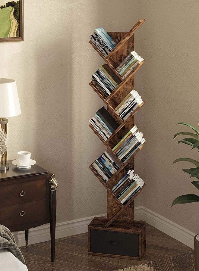 RATSAW 9 Shelf Tree Bookshelf with Drawer Wood Storage Rack for Books Ladder Organizer Shelves for Living Room Bedroom Home Office - Image 5