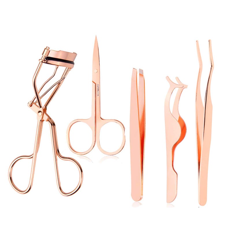 Arroyner 5 Pieces Eyelash Applicator Tool False Eyelashes Applicator Eyebrow Curler Eyebrow Scissors Rose Golden