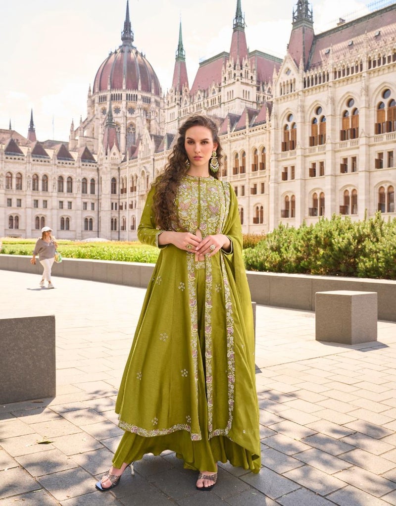 ANAITA Mehendi Silk Free Size Stitched Suit with Embroidery Work - Image 1