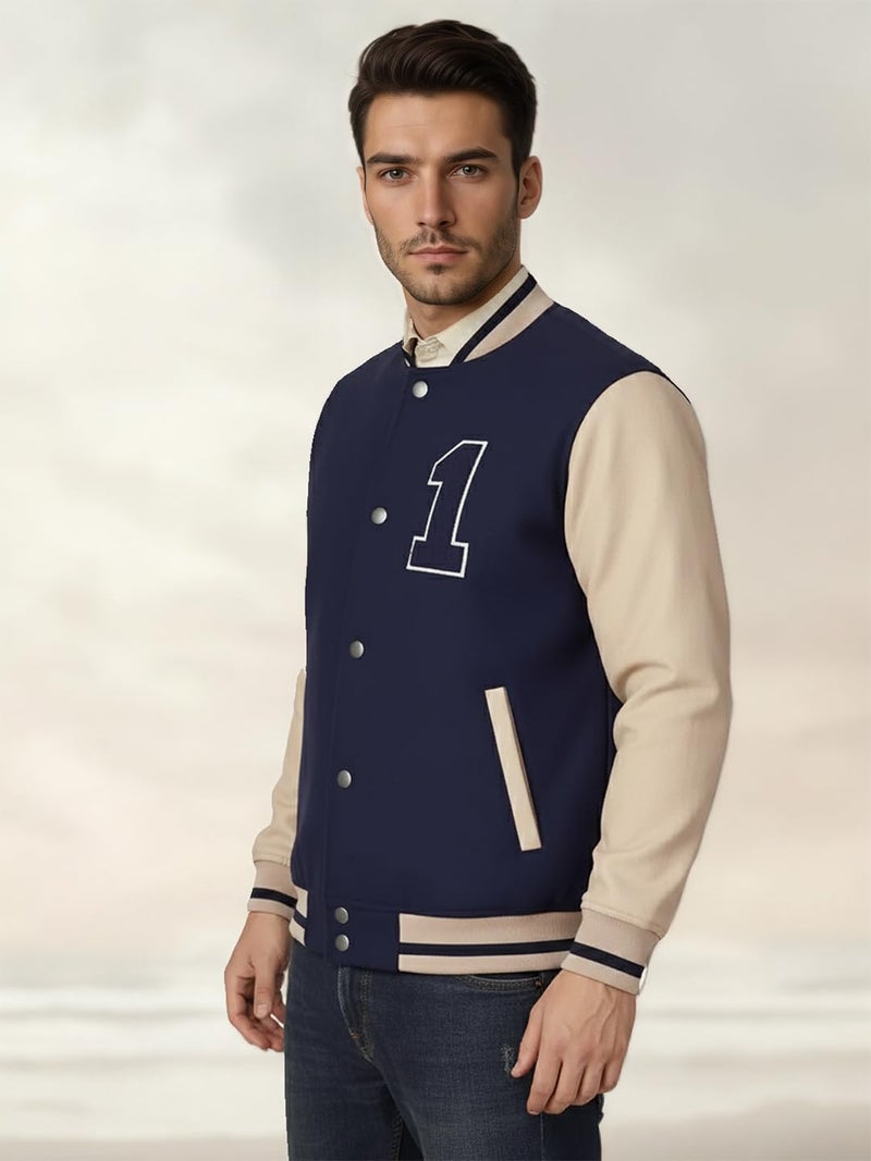 CHKOKKO Mens Regular Fit Tweed Fabric Varsity Jacket with Raglan Design Zip Closure and Side Pockets for Casual Wear NavyBeige XXL - Image 5