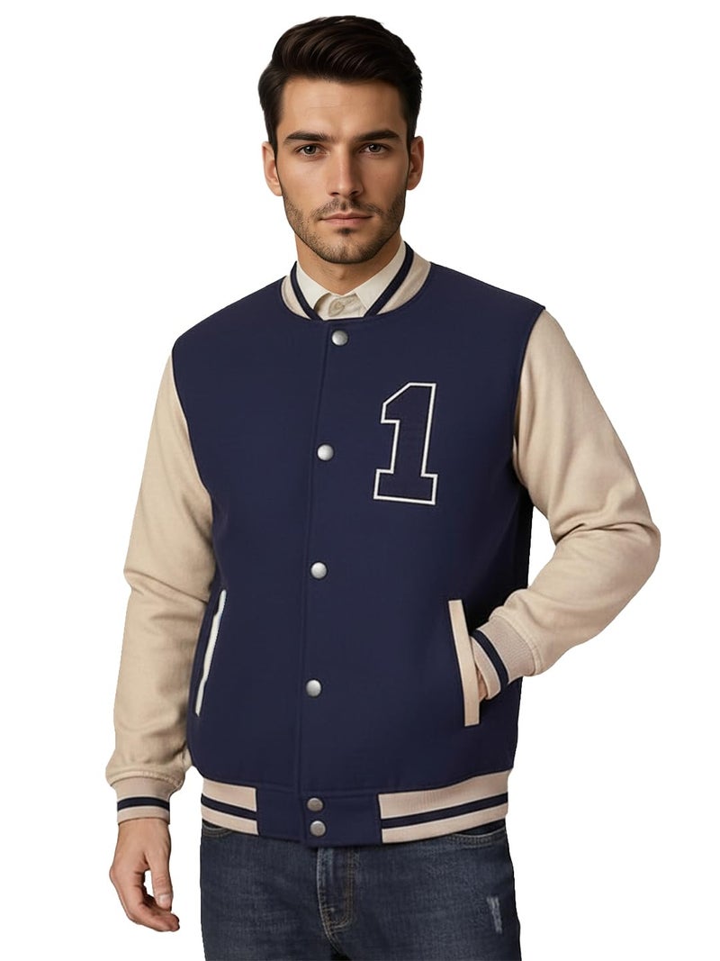 CHKOKKO Mens Regular Fit Tweed Fabric Varsity Jacket with Raglan Design Zip Closure and Side Pockets for Casual Wear NavyBeige XXL - Image 1