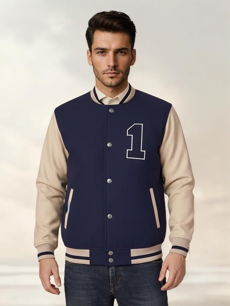 CHKOKKO Mens Regular Fit Tweed Fabric Varsity Jacket with Raglan Design Zip Closure and Side Pockets for Casual Wear NavyBeige XXL - Image 2