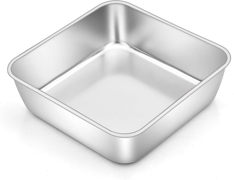 E-far 6x6 Inch Square Cake Pan, Stainless Steel Small Baking Pan for Lasagna Brownies Casseroles, Silver Square Bakeware for Oven Cooking, Non-Toxic & Rust Free, Dishwasher Safe, 2 Inch deep - Image 1