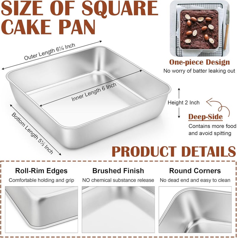 E-far 6x6 Inch Square Cake Pan, Stainless Steel Small Baking Pan for Lasagna Brownies Casseroles, Silver Square Bakeware for Oven Cooking, Non-Toxic & Rust Free, Dishwasher Safe, 2 Inch deep - Image 2