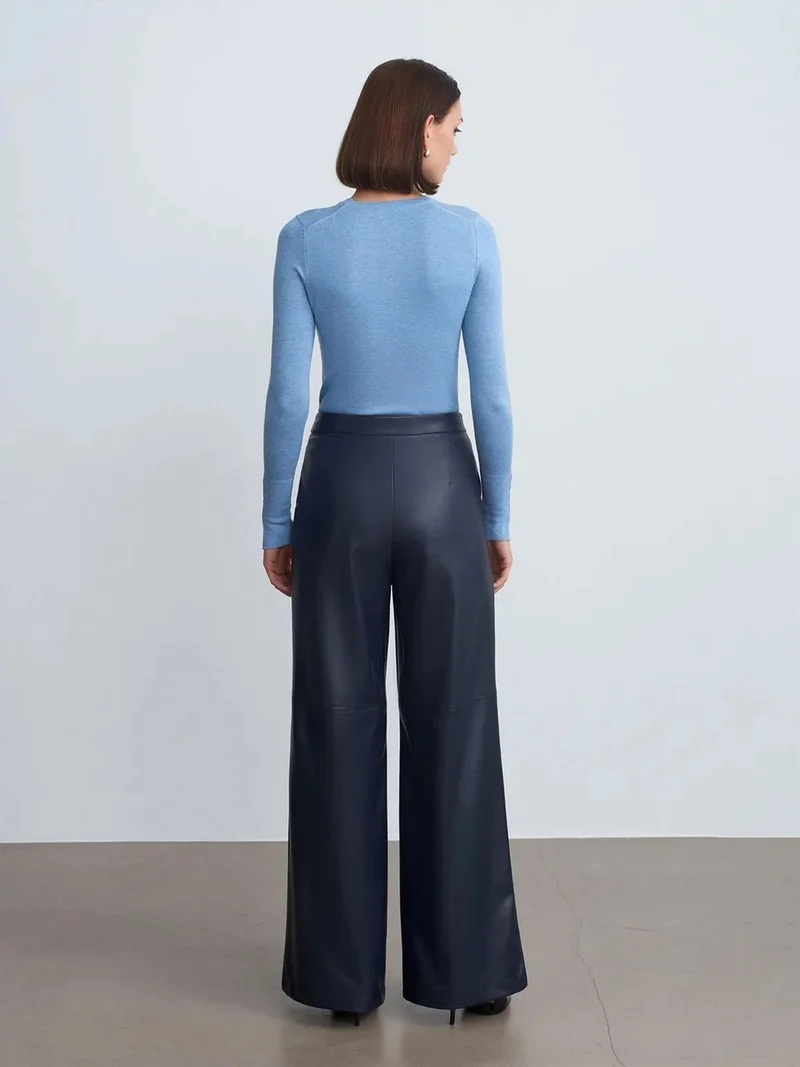 ديلفين DILVIN High-Waist Wide-Leg Faux Leather Trousers