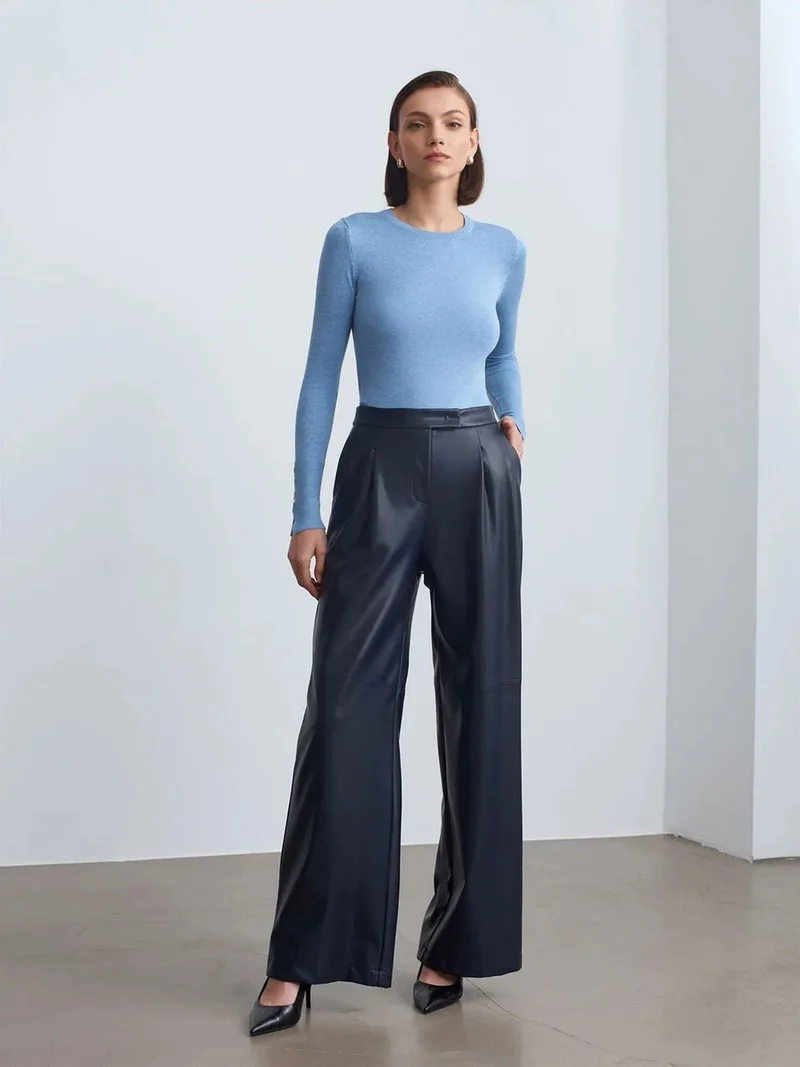 ديلفين DILVIN High-Waist Wide-Leg Faux Leather Trousers