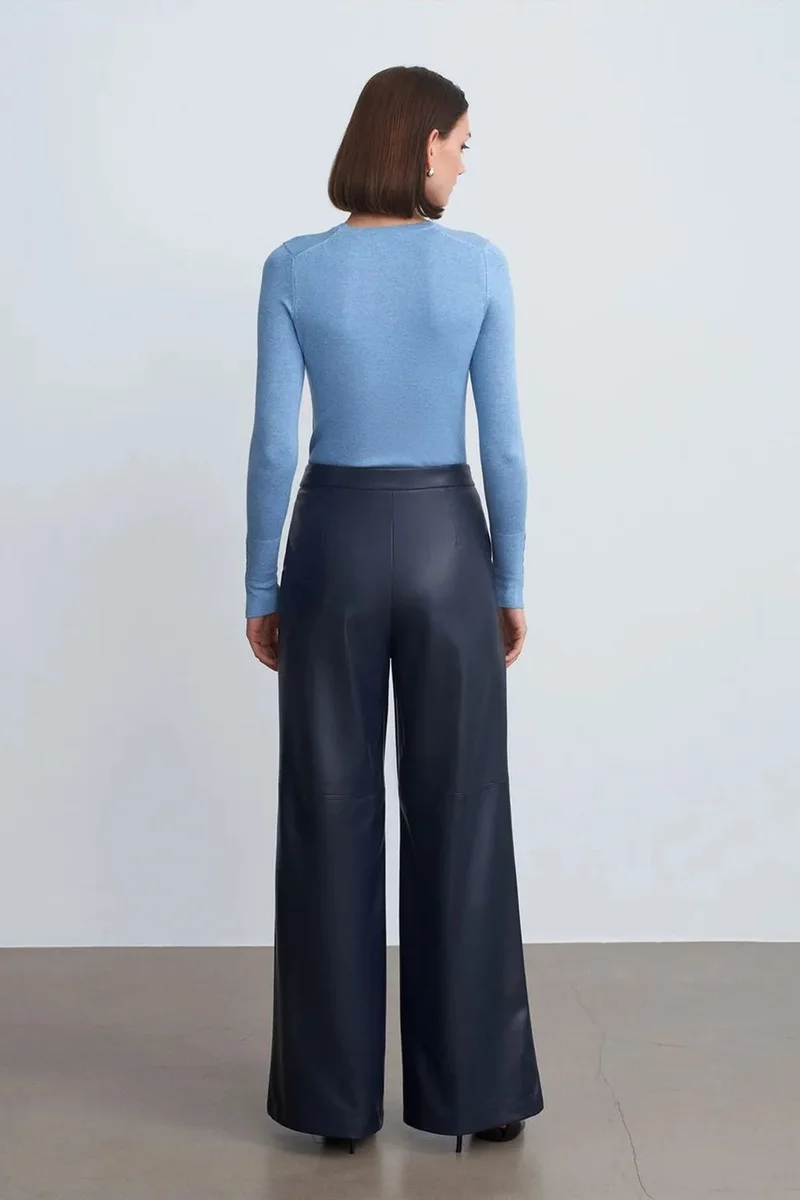 Dilvin Navy Blue DILVIN High-Waist Wide-Leg Faux Leather Trousers for Women | Best Price UAE
