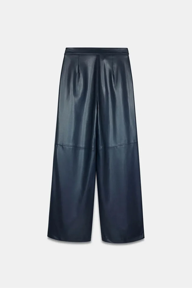 Dilvin Navy Blue DILVIN High-Waist Wide-Leg Faux Leather Trousers for Women | Best Price UAE