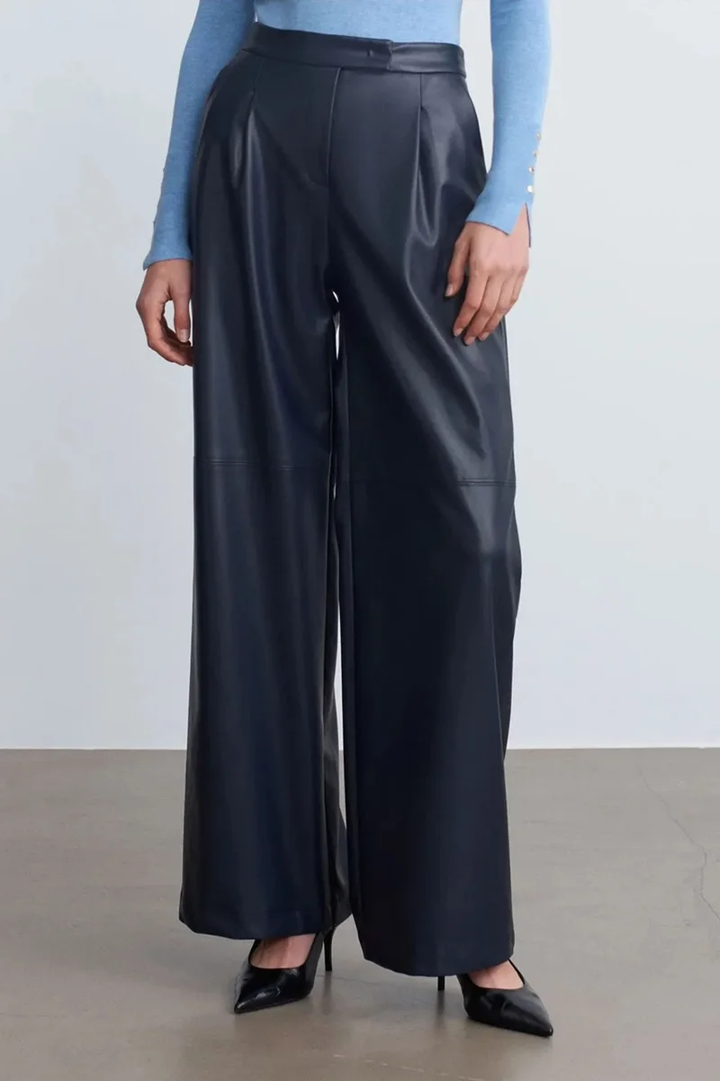 Dilvin Navy Blue DILVIN High-Waist Wide-Leg Faux Leather Trousers for Women | Best Price UAE