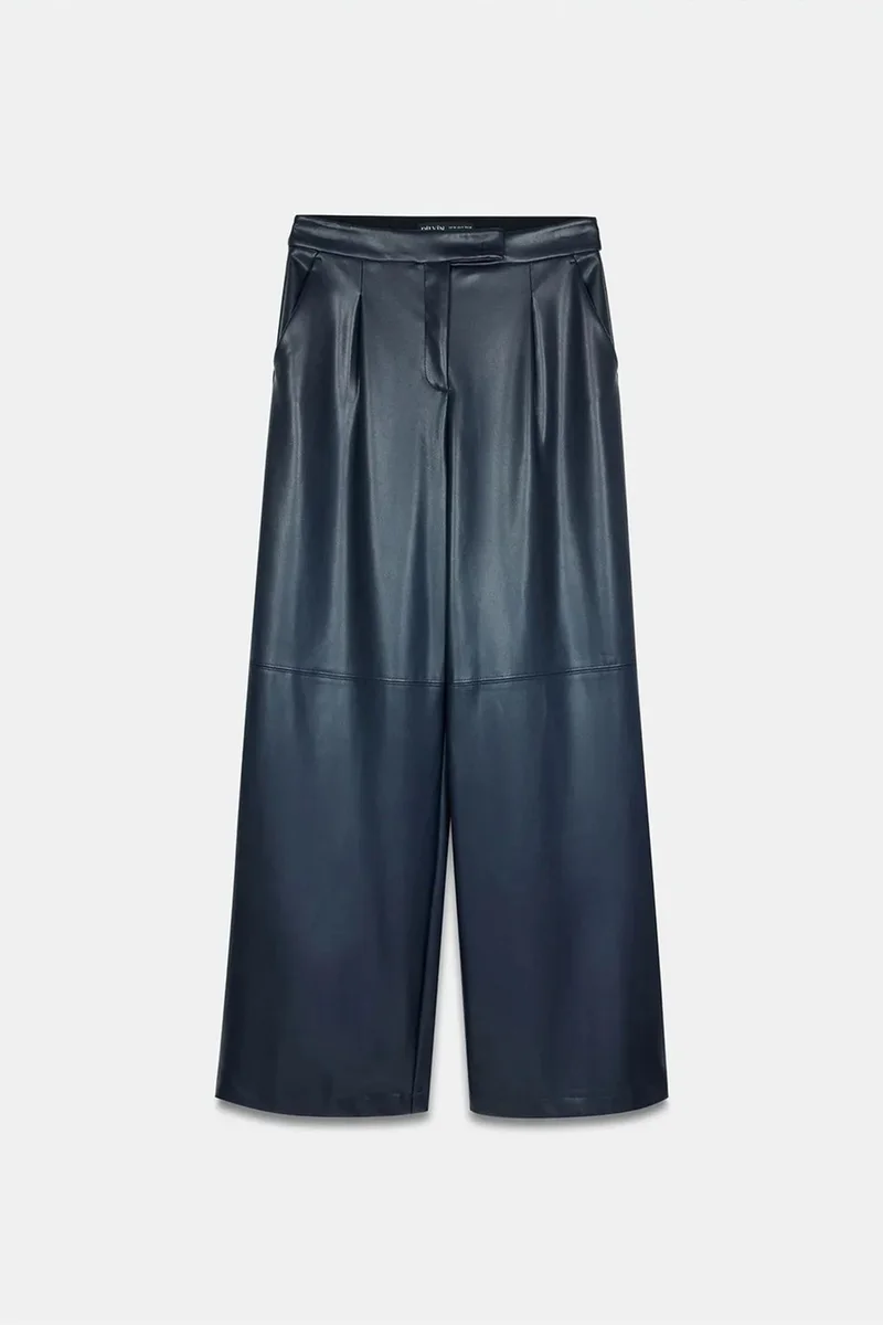 Dilvin Navy Blue DILVIN High-Waist Wide-Leg Faux Leather Trousers for Women | Best Price UAE