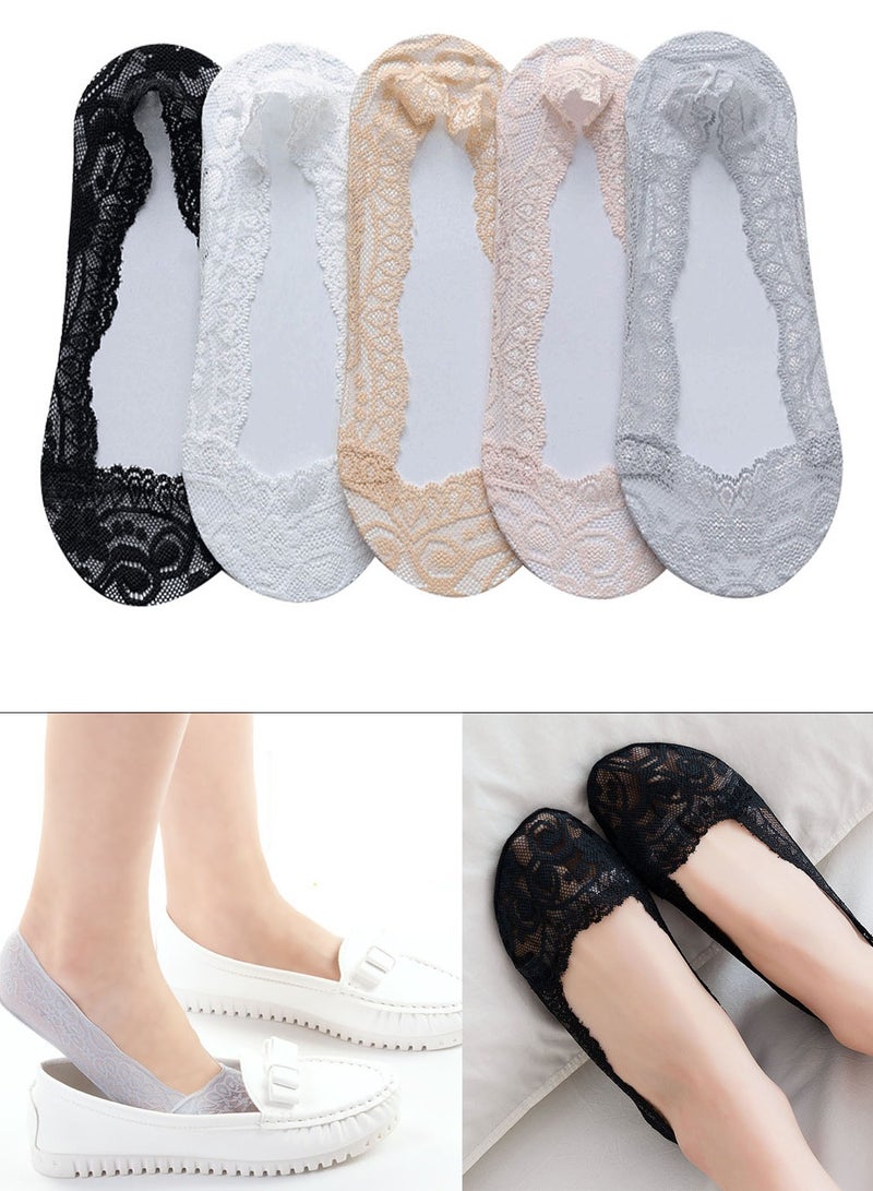 5 Pairs Womens Lace No Show Socks Casual Non-Slip Low Cut Invisible Socks Liner Boat Socks - Image 1