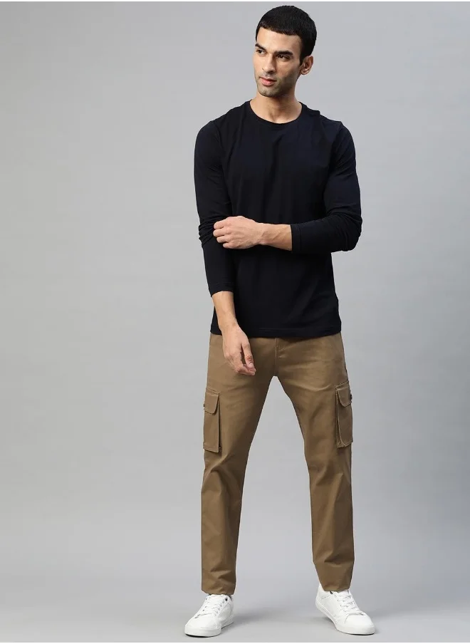 هوبرهولمي Men's Khaki 100% Cotton Solid Full Length Cargo Regular Fit Trouser