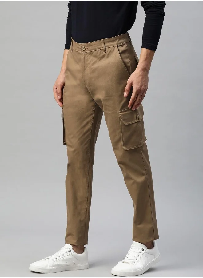 هوبرهولمي Men's Khaki 100% Cotton Solid Full Length Cargo Regular Fit Trouser