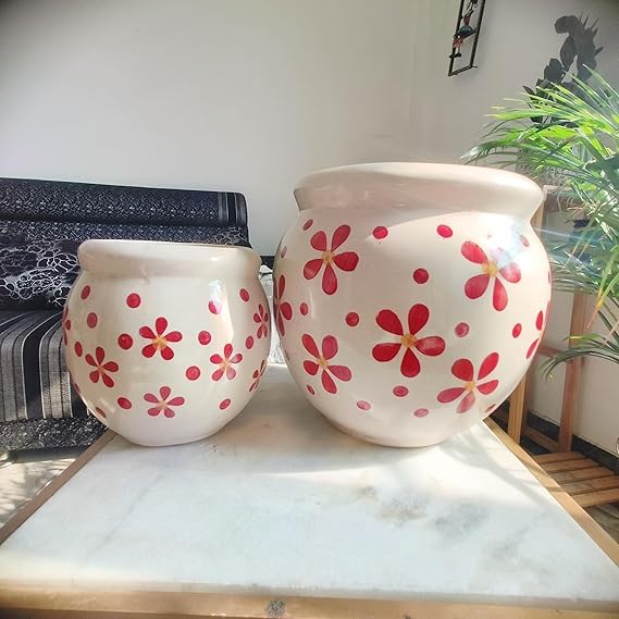 Niyara Multicolor Designer Handmade Handi Combo Ceramic planters Pot for Indoor Outdoor Home,Garden Office Decor Balcony Flower Size- 20 cm and 15 cm (Red Flower) - Image 2