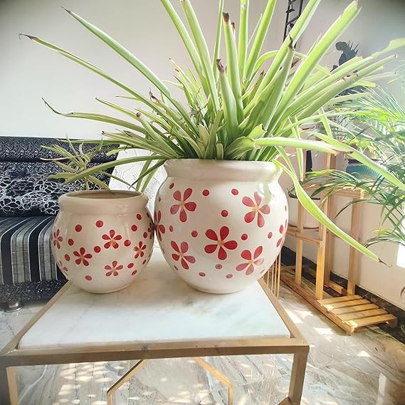 Niyara Multicolor Designer Handmade Handi Combo Ceramic planters Pot for Indoor Outdoor Home,Garden Office Decor Balcony Flower Size- 20 cm and 15 cm (Red Flower) - Image 1