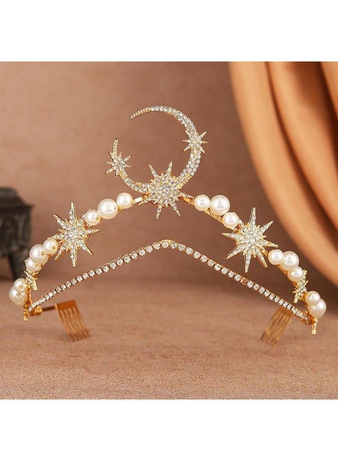 Yean Moon Star Wedding Headband Gold Rhinestone Pearl Headpiece Crystal Bridal Hair Accessories For Women And Girls - Image 1