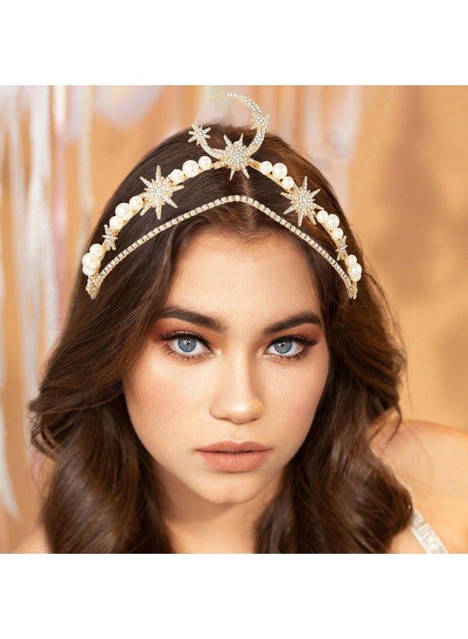 Yean Moon Star Wedding Headband Gold Rhinestone Pearl Headpiece Crystal Bridal Hair Accessories For Women And Girls - Image 2