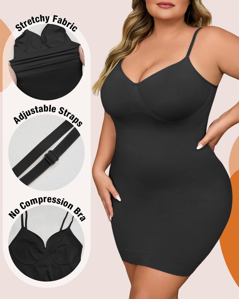 USEASY Shapewear Slip Dress for Women Under Dress Seamless Tummy Control Slip Dress Plus Size Smoothing Cami Dress Slips Black 1XL - Image 4