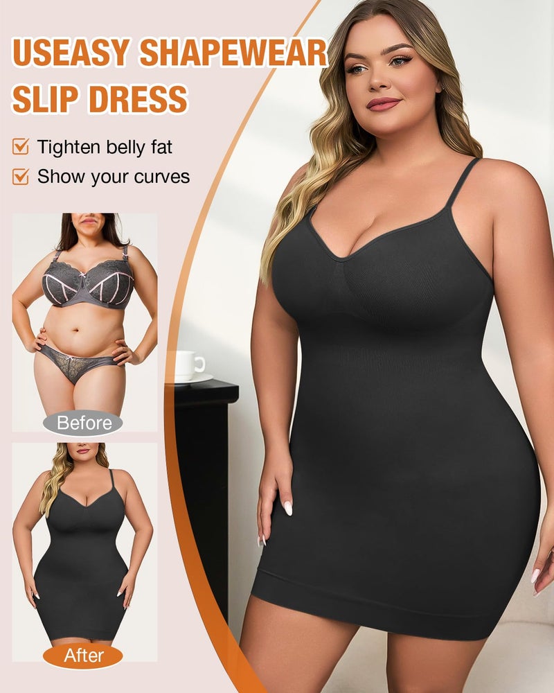 USEASY Shapewear Slip Dress for Women Under Dress Seamless Tummy Control Slip Dress Plus Size Smoothing Cami Dress Slips Black 1XL - Image 3
