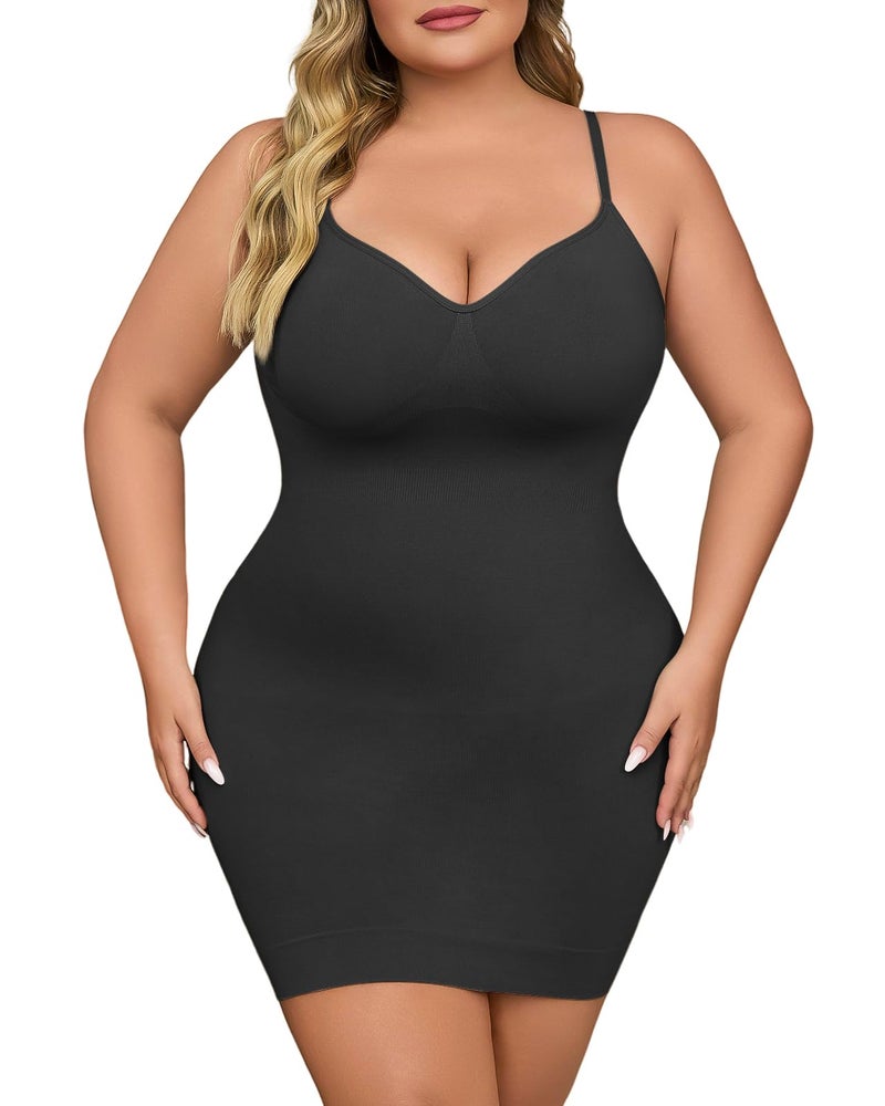 USEASY Shapewear Slip Dress for Women Under Dress Seamless Tummy Control Slip Dress Plus Size Smoothing Cami Dress Slips Black 1XL - Image 1