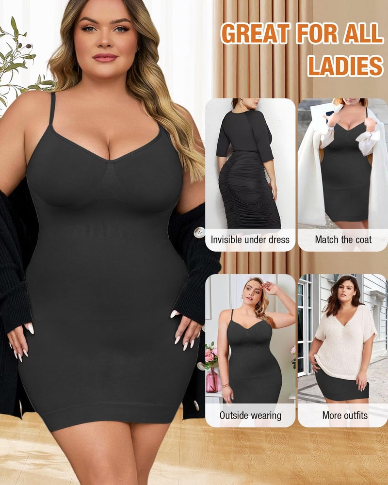USEASY Shapewear Slip Dress for Women Under Dress Seamless Tummy Control Slip Dress Plus Size Smoothing Cami Dress Slips Black 1XL - Image 5