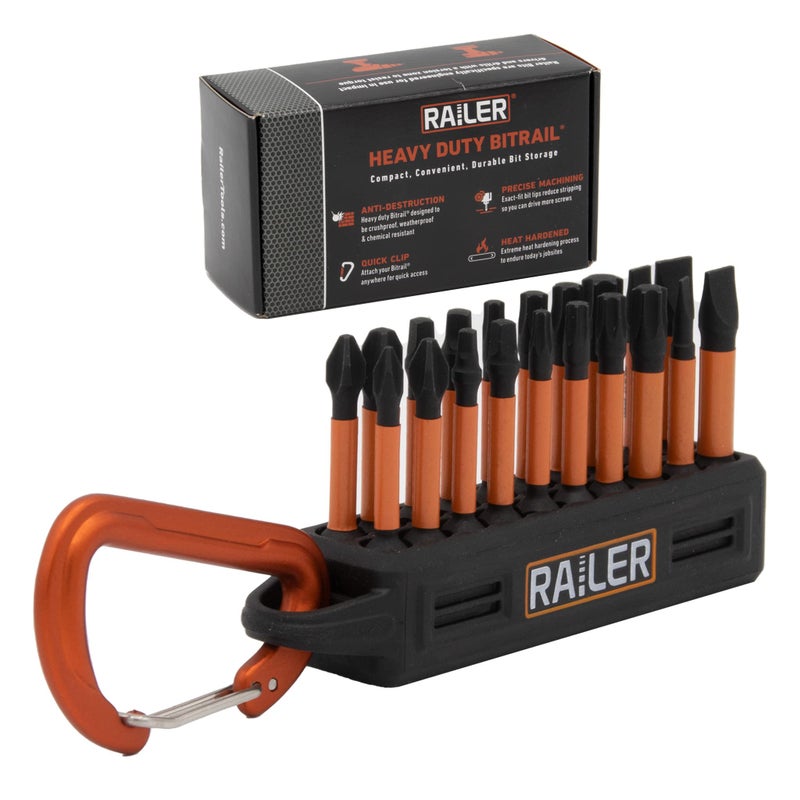 Railer 20pc Screwdriver Bit Set - Premium S2 Steel 2" Phillips, Robertson Square, Torx & Flat Head Impact Driver Bit Set With A Storage Bit Holder & Carabiner - Image 1