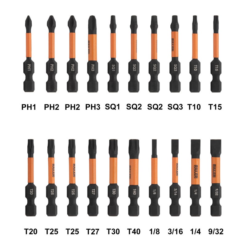Railer 20pc Screwdriver Bit Set - Premium S2 Steel 2" Phillips, Robertson Square, Torx & Flat Head Impact Driver Bit Set With A Storage Bit Holder & Carabiner - Image 2