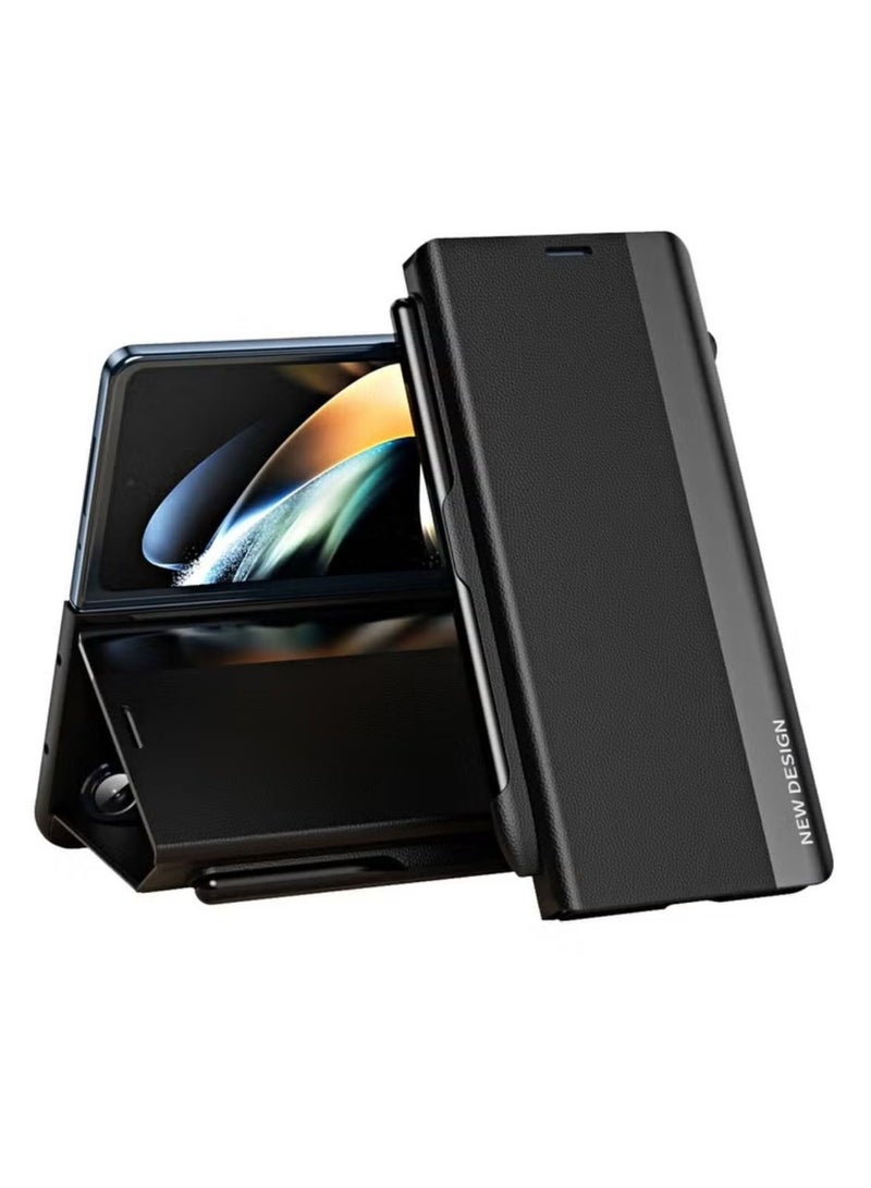جراب لهاتف Samsung Galaxy Z Fold 5 بتصميم حامل وحامل قلم وقلم (ليس قلمًا أصليًا)، جراب قلاب لحماية الجسم بالكامل من جلد البولي يوريثان، جراب واقٍ مغناطيسي من الجلد الأصلي مضاد للسقوط (أسود) - Image 1