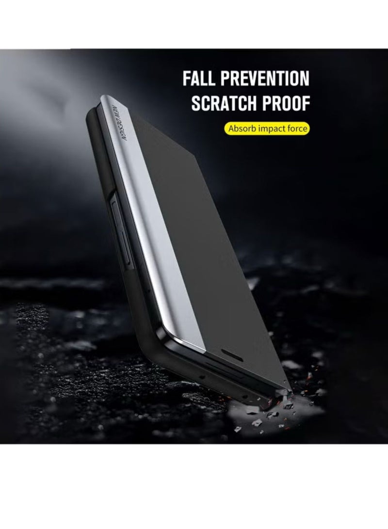 جراب لهاتف Samsung Galaxy Z Fold 5 بتصميم حامل وحامل قلم وقلم (ليس قلمًا أصليًا)، جراب قلاب لحماية الجسم بالكامل من جلد البولي يوريثان، جراب واقٍ مغناطيسي من الجلد الأصلي مضاد للسقوط (أسود) - Image 2