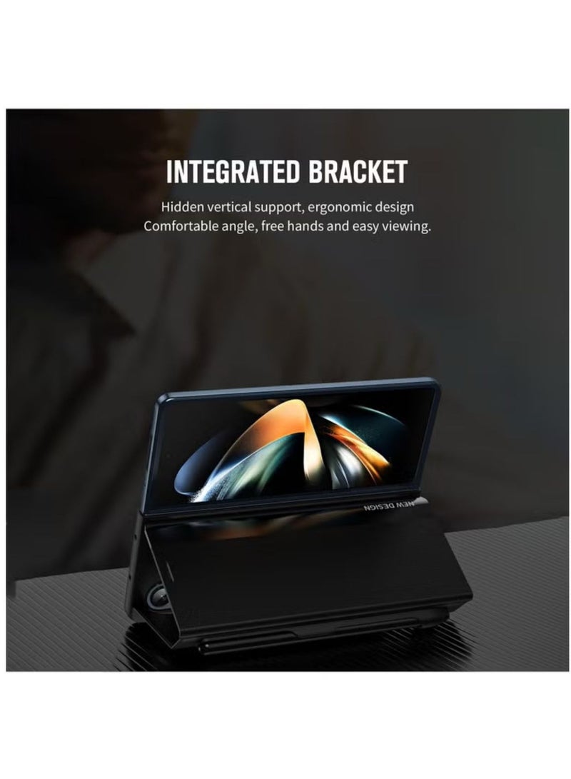 جراب لهاتف Samsung Galaxy Z Fold 5 بتصميم حامل وحامل قلم وقلم (ليس قلمًا أصليًا)، جراب قلاب لحماية الجسم بالكامل من جلد البولي يوريثان، جراب واقٍ مغناطيسي من الجلد الأصلي مضاد للسقوط (أسود) - Image 3