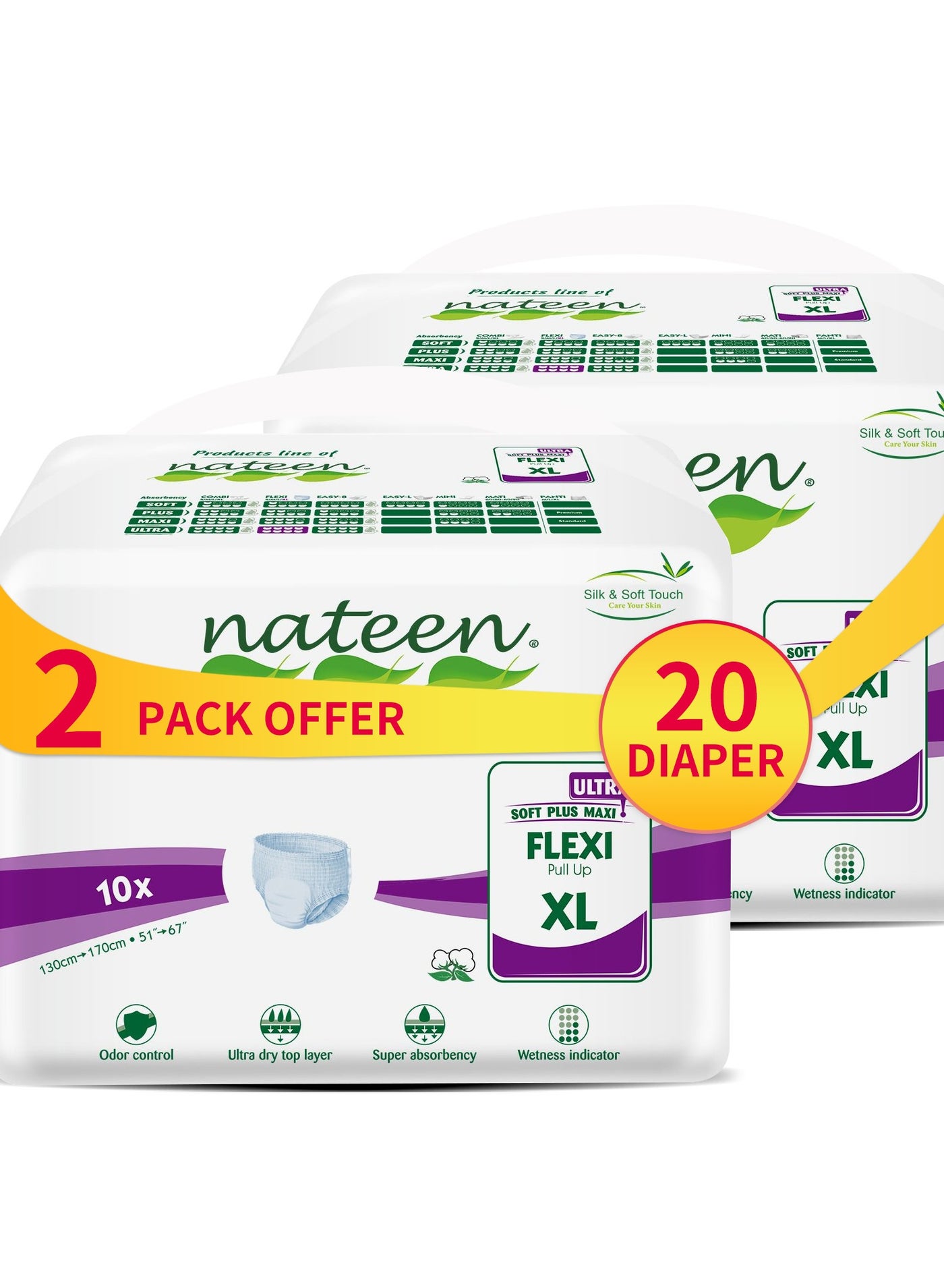 Nateen Flexi Ultra Adult Diapers Pants,ultima absorbency Incontinence Pull Ups,Extra Large,Waist Size 130-170cm,10 Count Adult Pants diaper ,Superior Comfort,Excellent Combination of Protection. (10 C