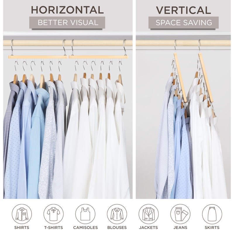MORALVE Space Saving Hangers for Closet â€“ 4 Pack European Beechwood 6-Tier Shirt Organizer with 360Â° Swivel Hook â€“ Collapsible Clothes Hanger for Closet Organization (Hangers Not Included) - Image 4