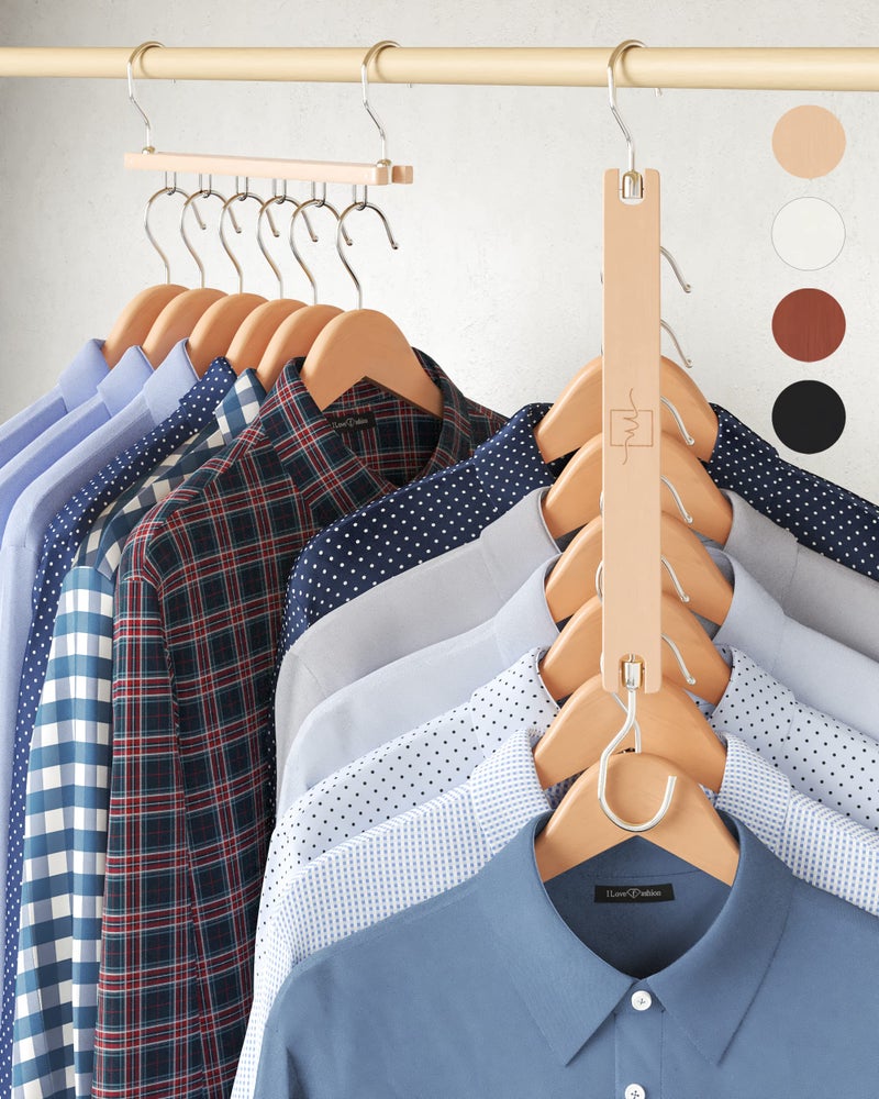 MORALVE Space Saving Hangers for Closet â€“ 4 Pack European Beechwood 6-Tier Shirt Organizer with 360Â° Swivel Hook â€“ Collapsible Clothes Hanger for Closet Organization (Hangers Not Included) - Image 1